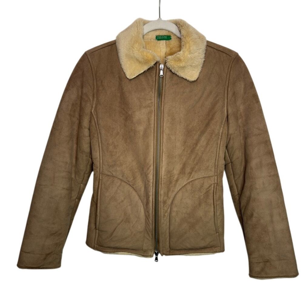 Vintage Benetton Cozycore Faux Shearling Biker Jacket XS | 70s Retro Aviator